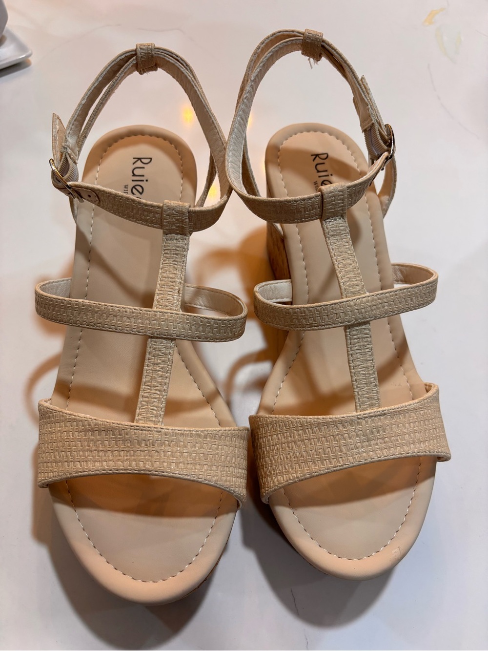 Beige T-Strap Wedge Sandals